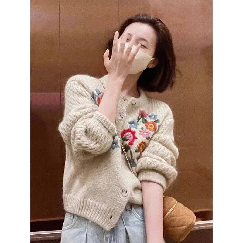 MEXZT Floral Embroidery Knitted Cardigan Women Vintage Cropped Sweater Coat Harajuku Korean Loose Knitwear O Neck Casual Jumpers