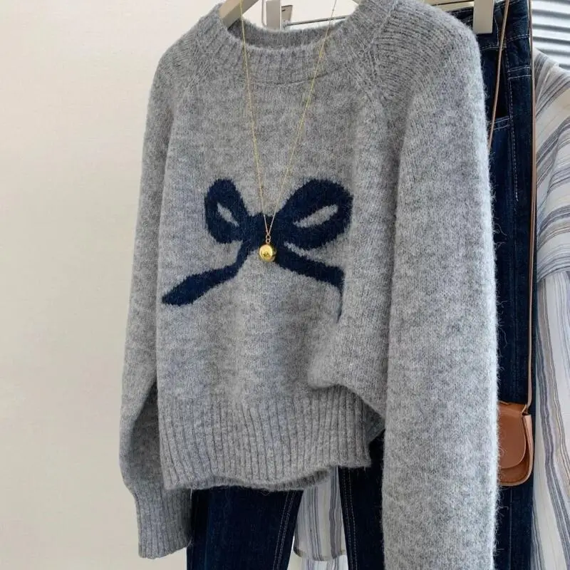 

Корейский пуловер с круглым вырезом и бантом, женский осенне-зимний милый вязаный свитер, мягкий комфортный модный трикотаж с длинными рукавами