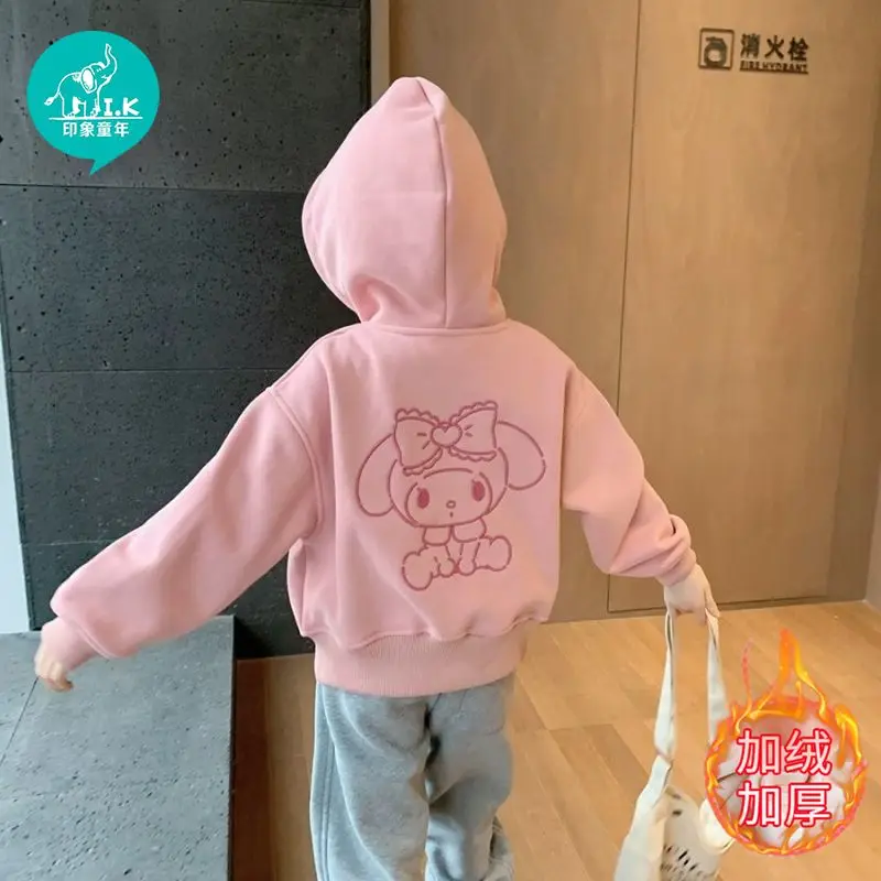 Girl Velvet Pink My Melody Anime Kawaii Sanrios Sweet Cartoon Hooded Thickened Short Printed Long sleeved Sweater Christmas Gift