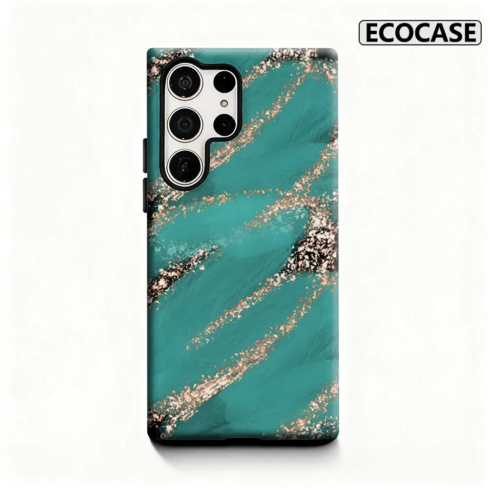 Teal & Gold Brushstrokes Phone Case for Samsung Galaxy S26 S25 Ultra S24 S23 Ultra Plus Shockproof Double layer tough Back Cover