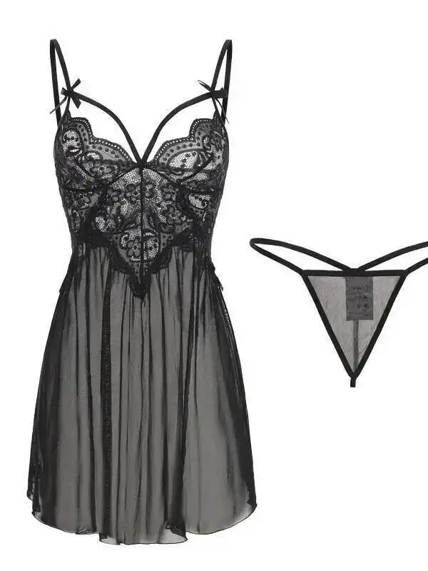 Sexy Sweet Lazy Sheer Lace Sexy Pure Desire Style Dress Mesh Backless Deep V Suspenders Sleeveless Dress Charming Sleepwear 3PGI