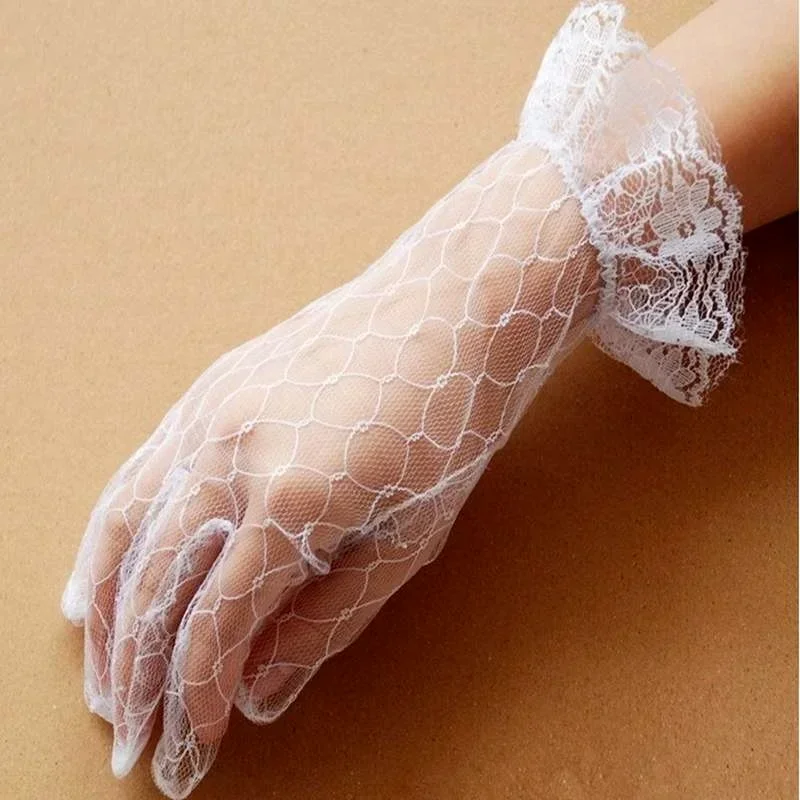 Bride Wedding Gloves White Short Design Lace Gauze Transparent Women 2025 UV-Proof Summer Fishnet Mitten