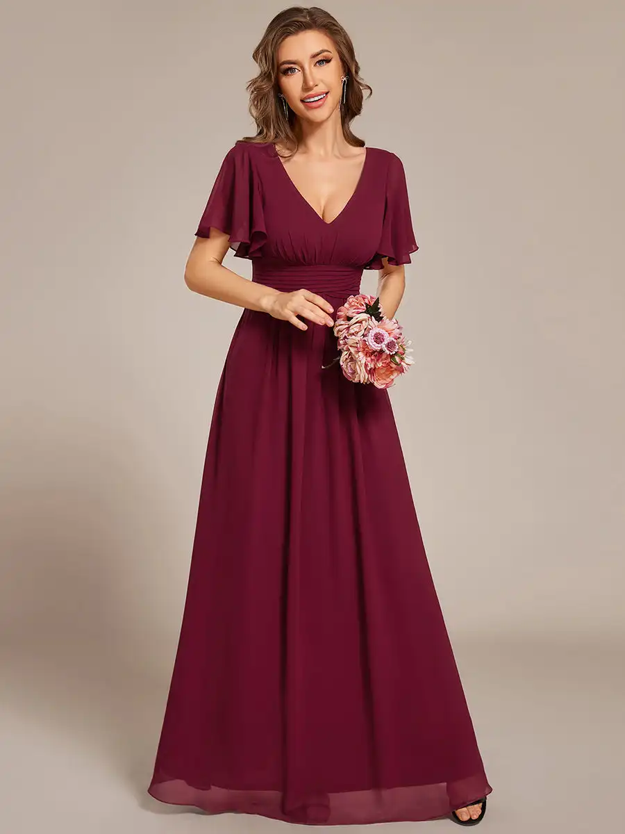 

BAZIIINGAAA Party Dress Ruffles Sleeves Chiffon Bridesmaid Dresses with Back Frenulum Knotting Evening Dresse