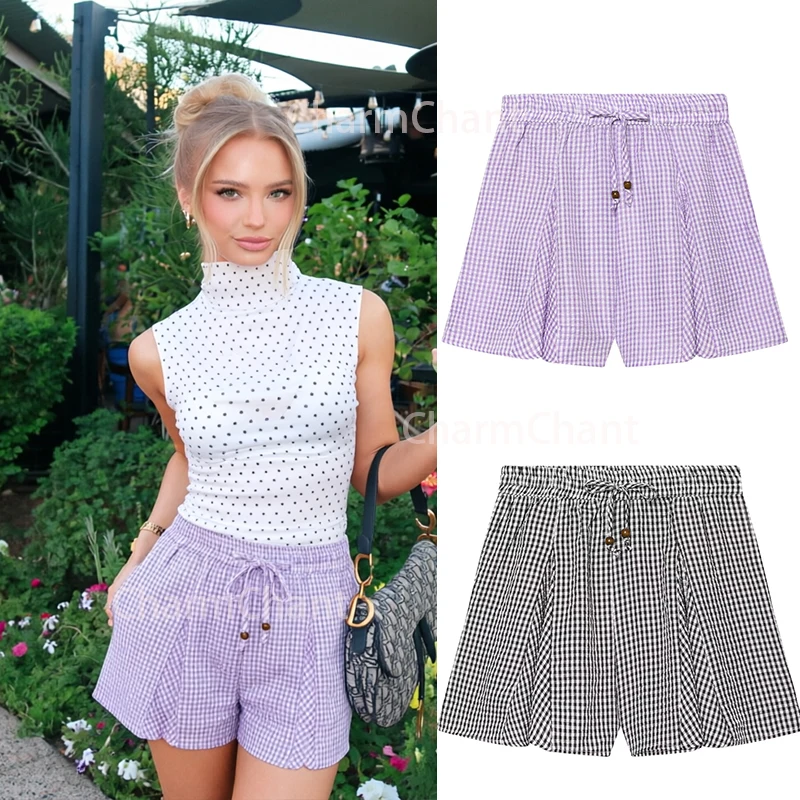 

CHARMCHANT Women's Gingham Scalloped Hem Casual Shorts Drawstring Elastic Waist Loose Fit Going Out Beach Vacation Summer 2026