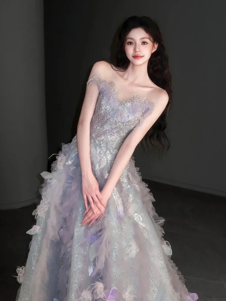 

Purple strapless light luxury niche high school birthday coming-of-age ceremony vocal music and art examination host dress