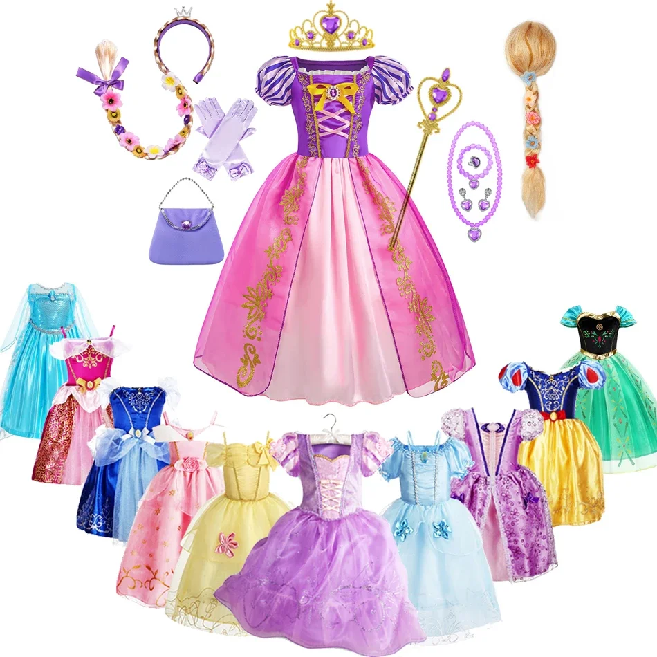 Rapunzel Dress for Girls Cinderella Dress Up Belle Cosplay Children Birthday Party Princess Costume Kids Halloween Elsa Clothes