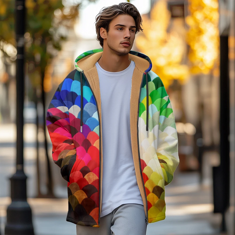 

Man winter clothing, New in Down Coats, Colorful fishscale graffiti design cotton-padded jacket clothing, feather pocket zipper