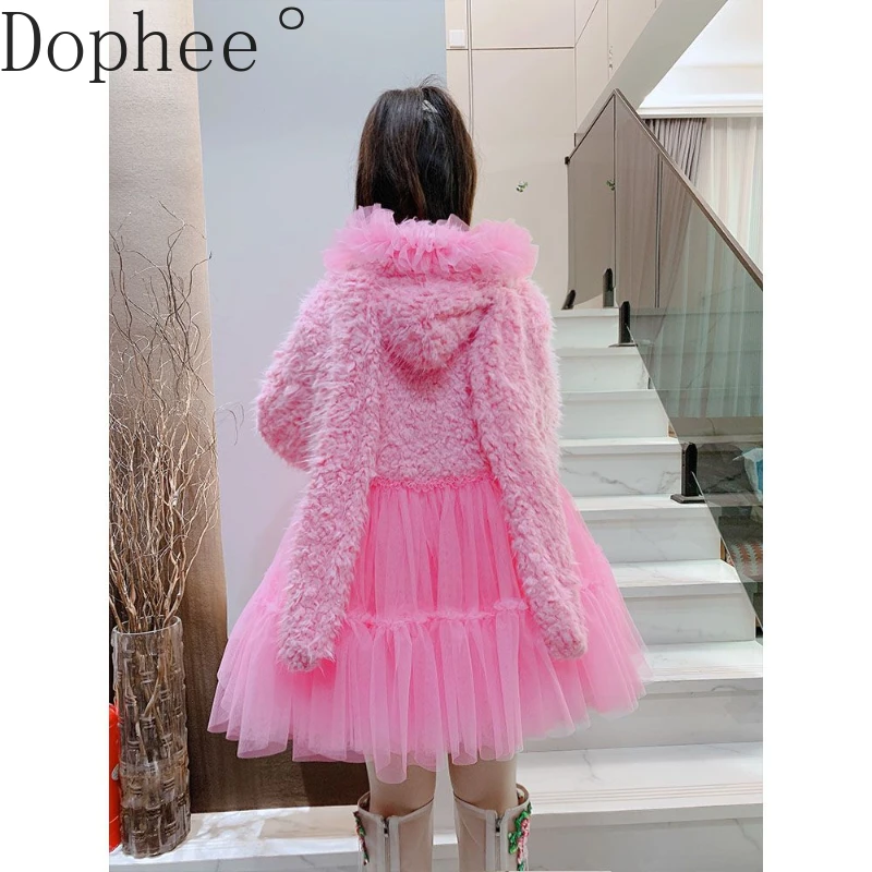 

Fluffy Coats for Women New Autumn Winter Cute Mesh Splicing Princess Hoodie Top Rabbit Ears Mid-long Hooded Cardigans Top Pink