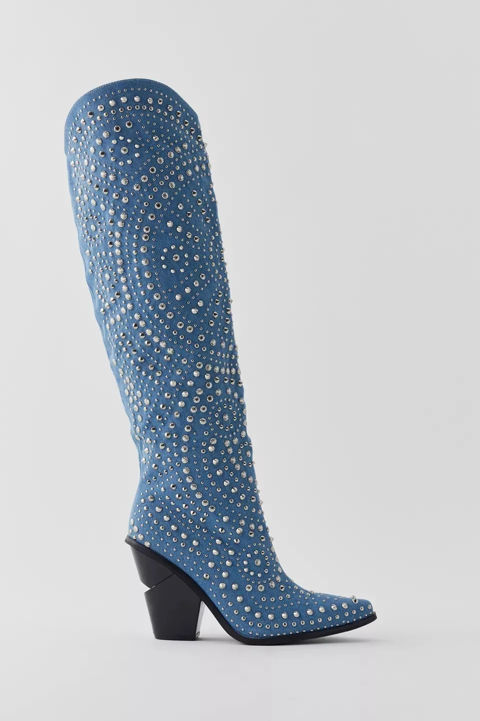 2026 Women's  Blue Jeans Silver Stud Stiletto Heel Bootie Thin High Heel Knee High Boots Women Pointy Toe Rivets Party Bota 44