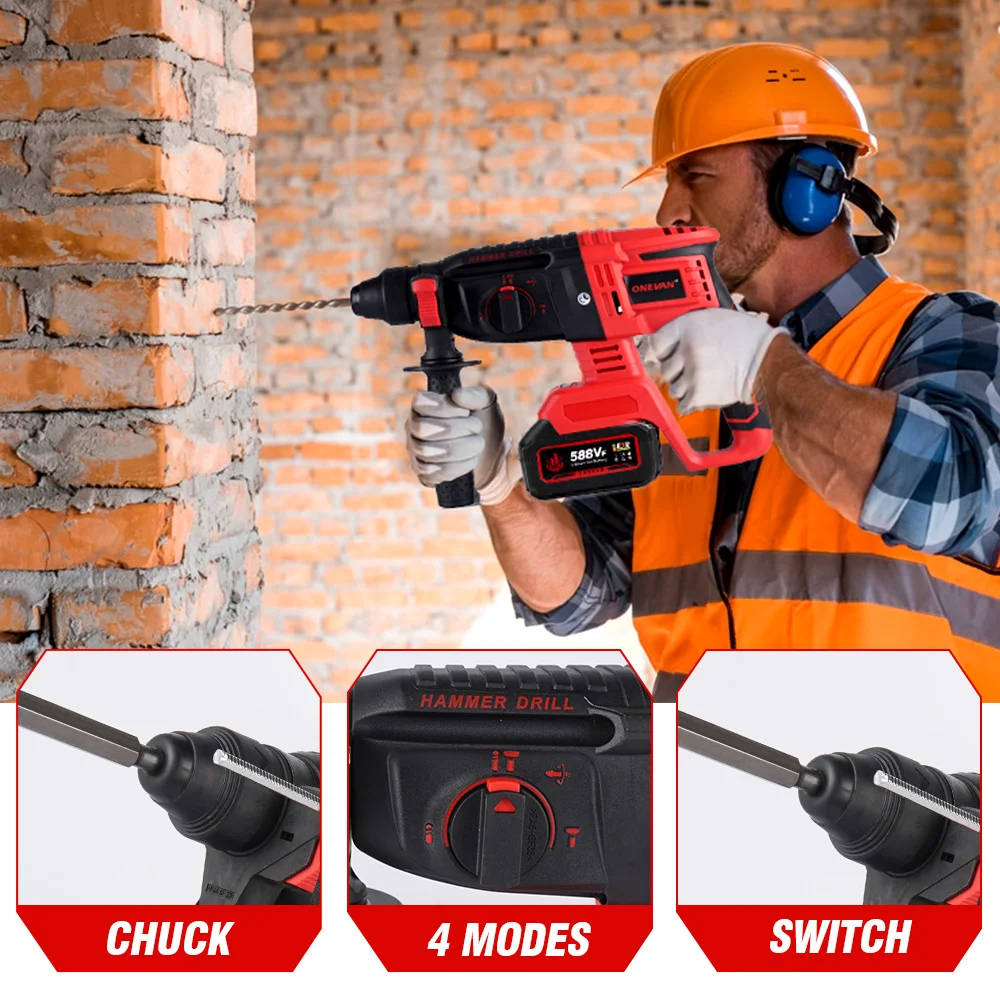 สว่านโรตารี่ไร้สาย ONEVAN 2000W Brushless พร้อมฟังก์ชั่นหลายอย่าง สว่านกระแทกไฟฟ้า ใช้กับแบตเตอรี่ Makita 18V
