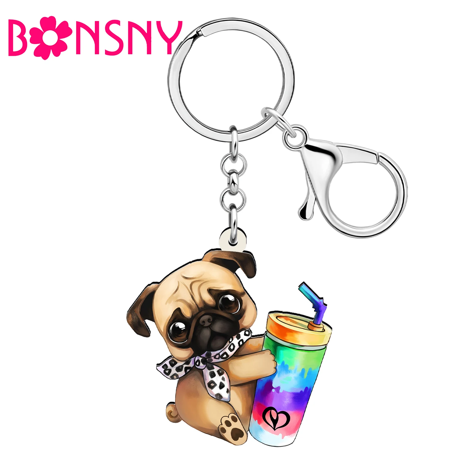 BONSNY-Chaveiros acrílicos dos desenhos animados para mulheres e crianças, copo colorido, Pug Dog, charme Puppy Keyring, novidades jóias presentes