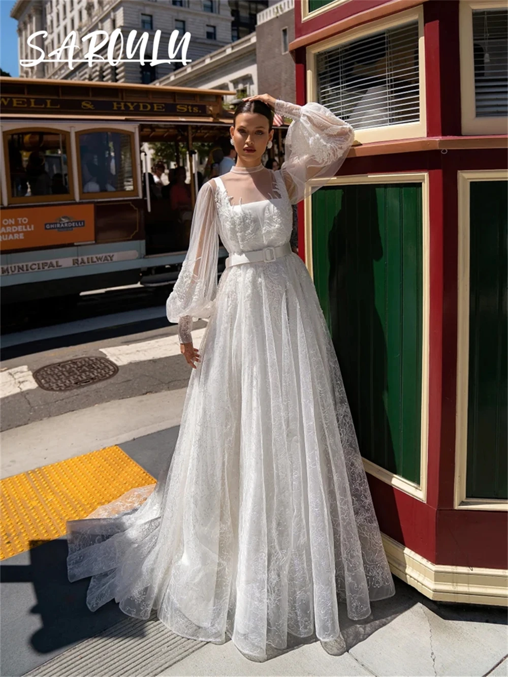 Two Way Wearing A Line Wedding Dress Satin Long Bridal Gown With Belt Long Lantern Sleeves Modern Bride Dresses Robe De Mariee