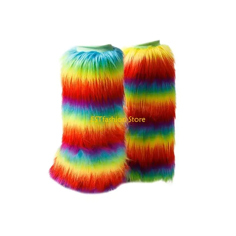 Y5gc Frauen Vintage Regenbogen farbenfrohe Plüsch Bein wärmere Fuzzy verdickte Toppers Manschetten Pelzige Bein Cover – Detail 7