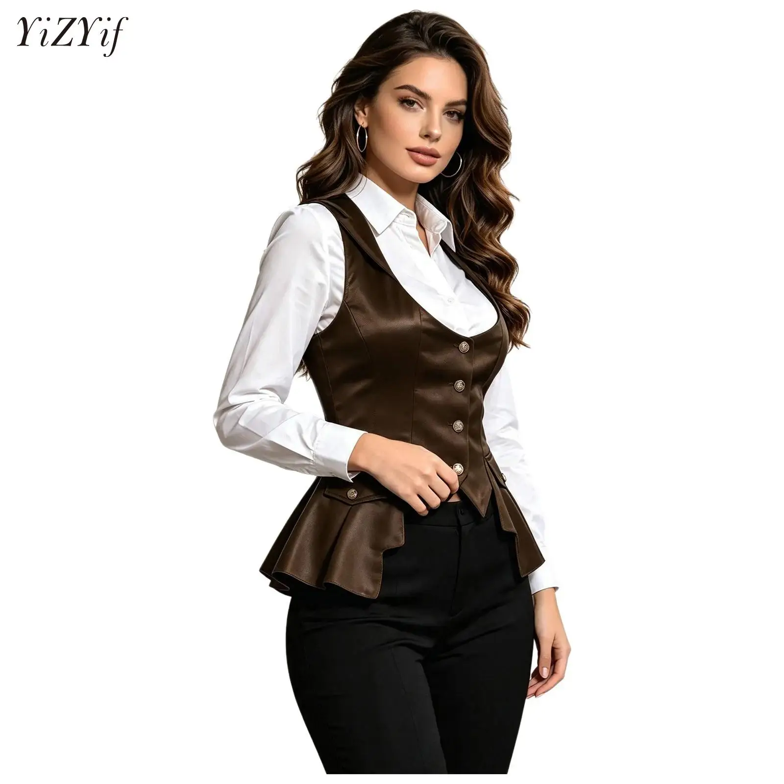 Halloween Victorian Satin Waistcoat Costumes For Women Long Sleeve Medieval Cosplay Vintage Vampire Witch Gothic Ruffled Vest