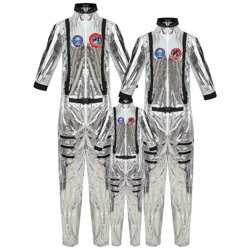 Astronauta Cosplay Macacão para Casais e Crianças, Unisex Halloween Uniforme, Festa de Carnaval, Roupa Fantasia, Traje Espacial Prata, Plus Size