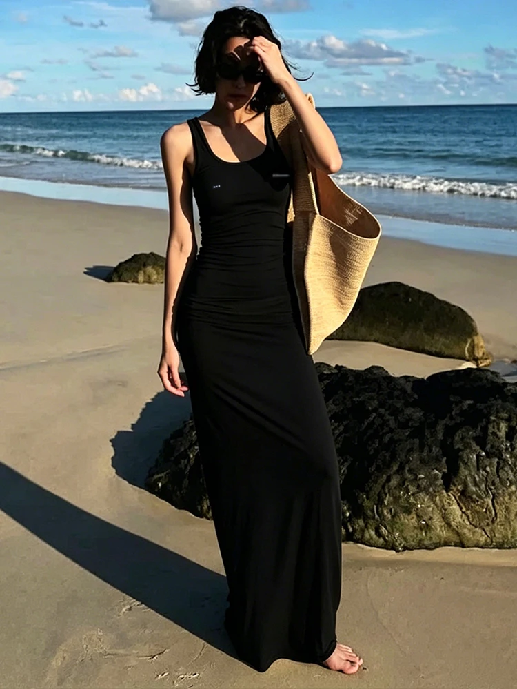 

Простое женское платье Whatiwear с принтом-надписью, классическое, модное, с низким вырезом, без рукавов, трендовое, для вечерних мероприятий, элегантное, клубное, длинное, облегающее.