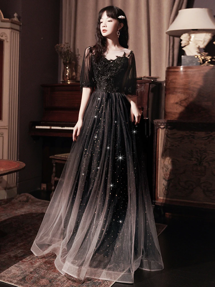 

Ele Long Evening Gown Women's aduation Ball Fairy Aosphere Year End Host Luxury Small ence Bla Color Faionable