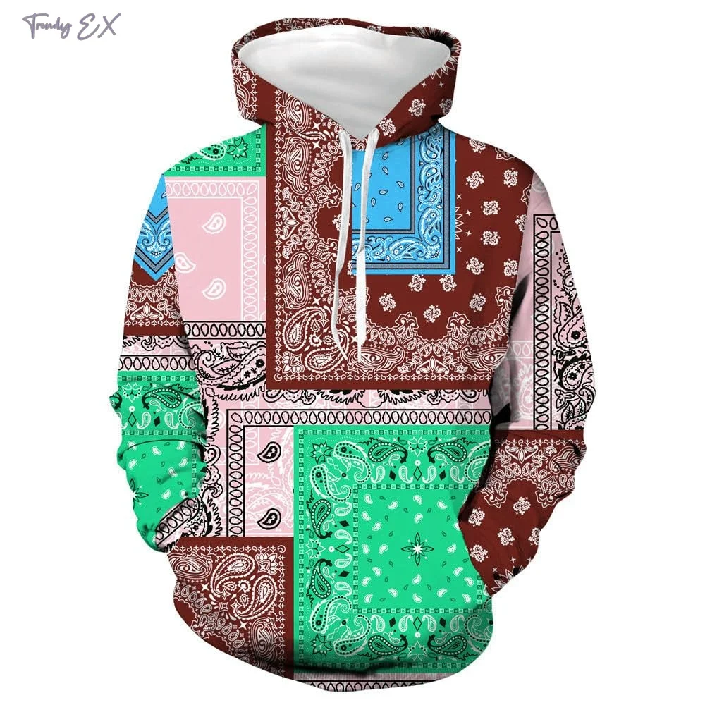 2024 New Sweatshirt Unisex Retro Bandana Print Cool Hoodies Fashion Patchwork Pattern Design Kangaroo Pocket Men\'s Sweatshirt