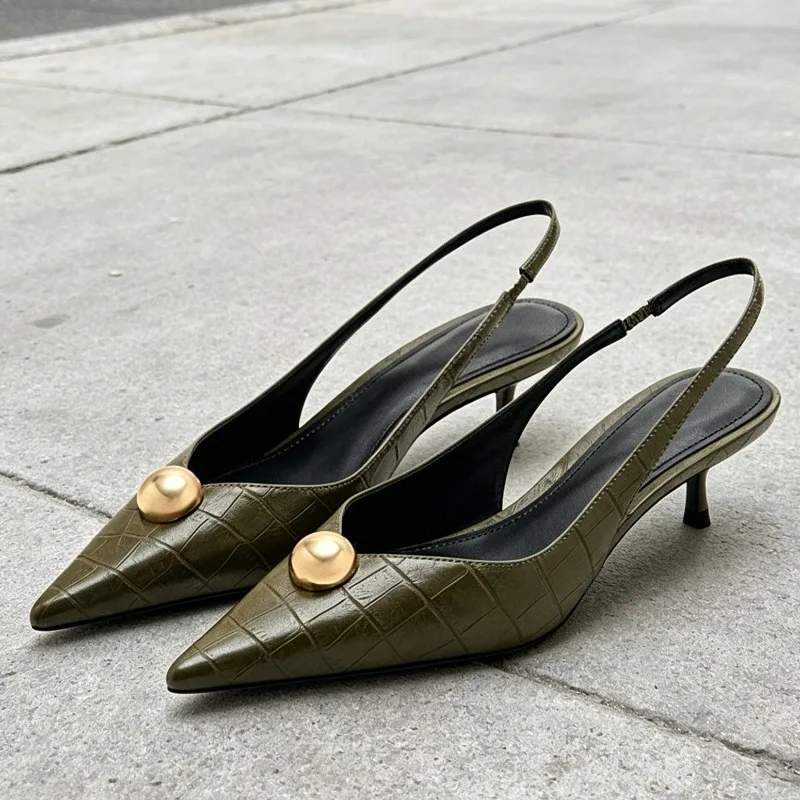 

Fashion Metal Detail High Heels Sandals for Woman Luxury Brand Embossed Leather Upper Design Pumps Sexy Pointed Toe Office Shoes
