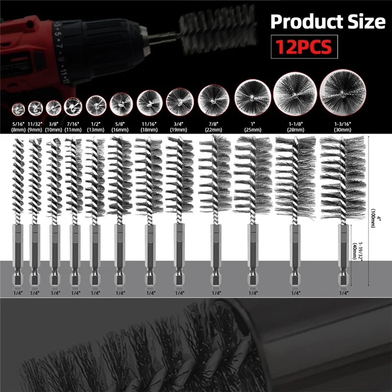 AB66-12 pezzi Spazzole per fori in acciaio inossidabile Spazzola metallica in acciaio inossidabile Spazzola metallica per trapano abrasivo con gambo esagonale da 1/4"