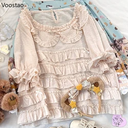 Japanese Sweet Lolita Style Blouses Women Y2k Aesthetic Bow Lace Ruffles Princess Cotton Shirts Girls Vintage Kawaii Cute Tops