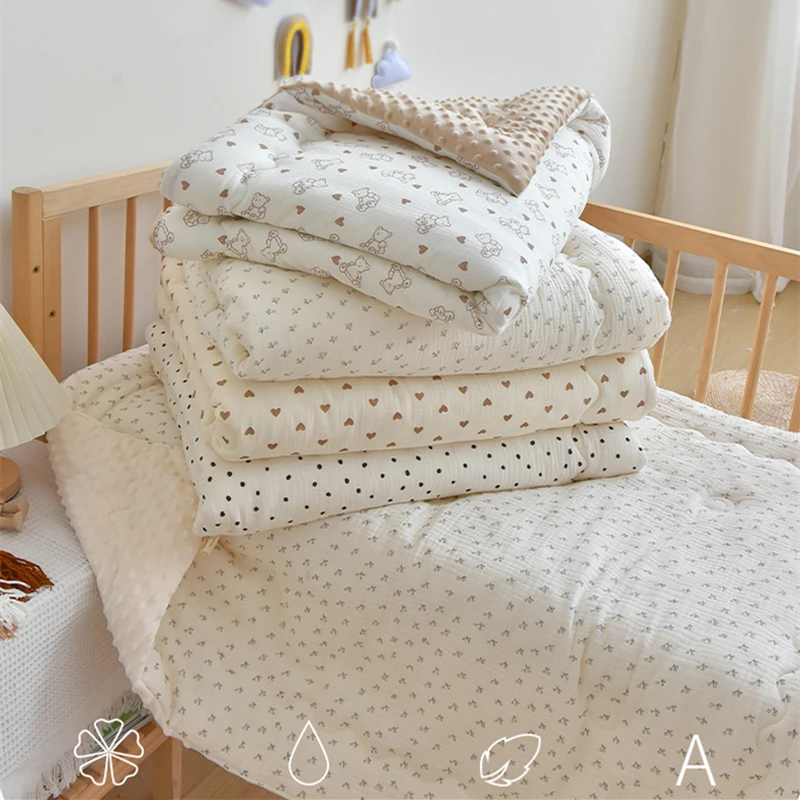 Winter Thermal Muslin Cotton Baby Duvet,Newborn Cozy Quilted Comforter with Dotty lining,Soft Infant Baby Blanket with Filler