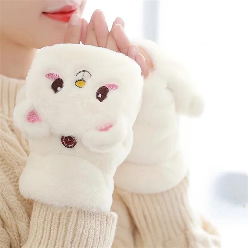 Women Plush Warm Glove Fur Rabbit Cat Mittens Flip Fingerless Gloves Soft Thick Flexible Half Finger Winter Cycling Gloves