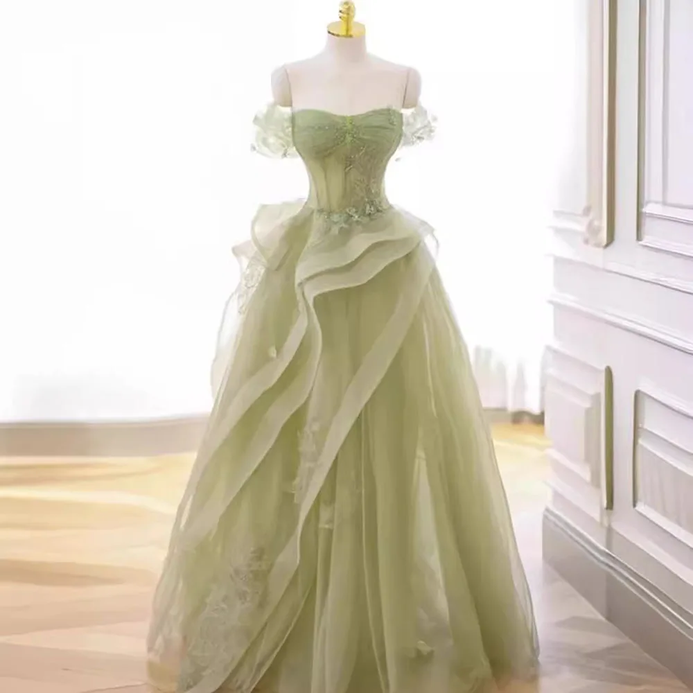 Elegant Light Green Evening Dress Light Luxury Women Off The Shoulder Layered Pleated Prom Gown Appliques Floor Length Vestido