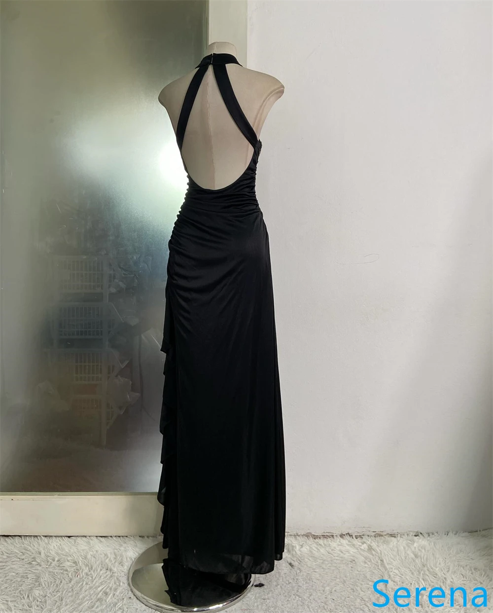 Vestido de noche de gasa negro personalizado de alta calidad, sin mangas, con cuello Halter, para ocasiones especiales, fiesta nupcial, espalda abierta, moda