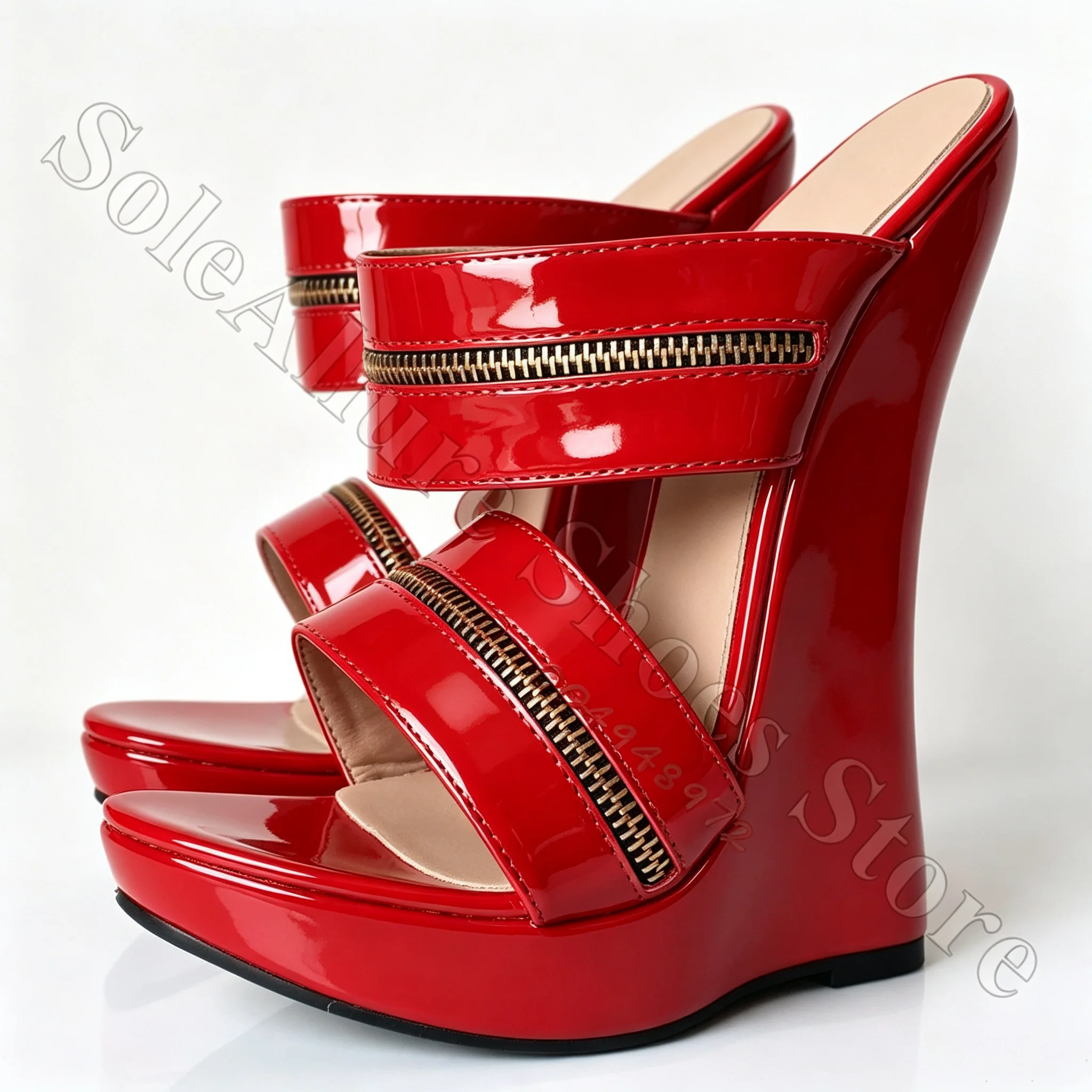 18CM Metallic Zipper Decor Wedge Mule Sandals Open Toe Slip On Platform Wedge Slippers Ladies Retro Disco Party High Heel Sandal