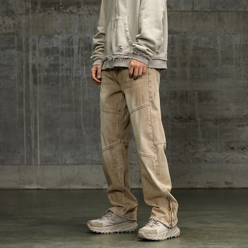 

Washed American High Street Men's Jeans Loose Straight Leg Trousers with Zipper Splicing Trendy Hip Hop Autumn Casual Long Pants
