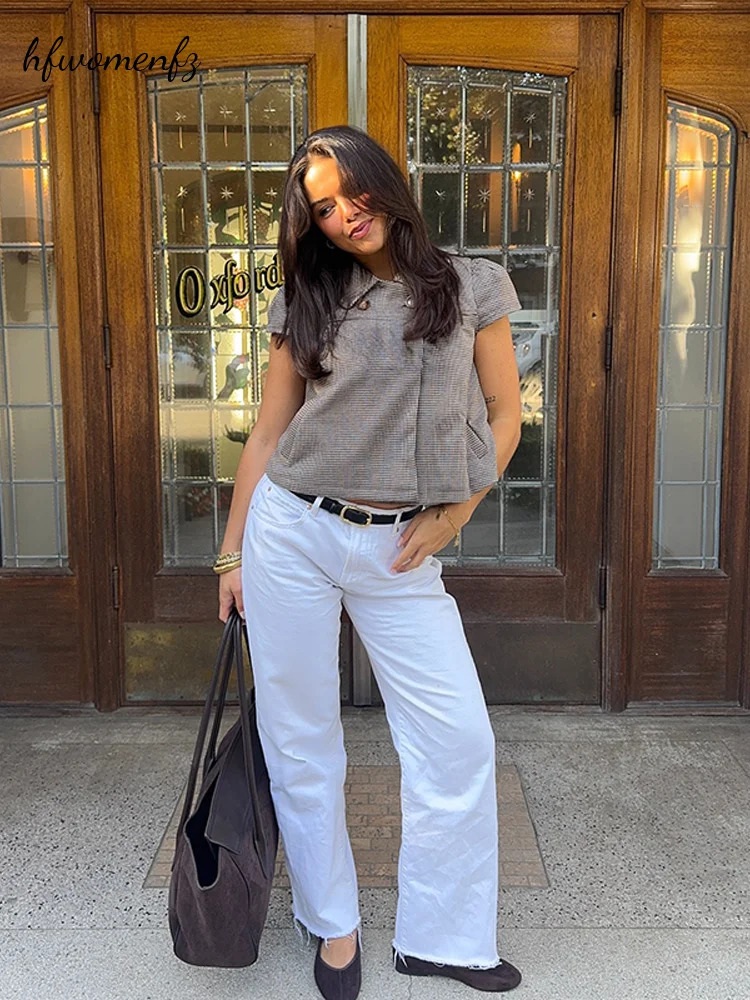 Vintage Women's Short Jacket Peter Pan Collar Puff Short‑Sleeve Pocket Cropped Two Button Top 2026 New Office Lady Outerwear