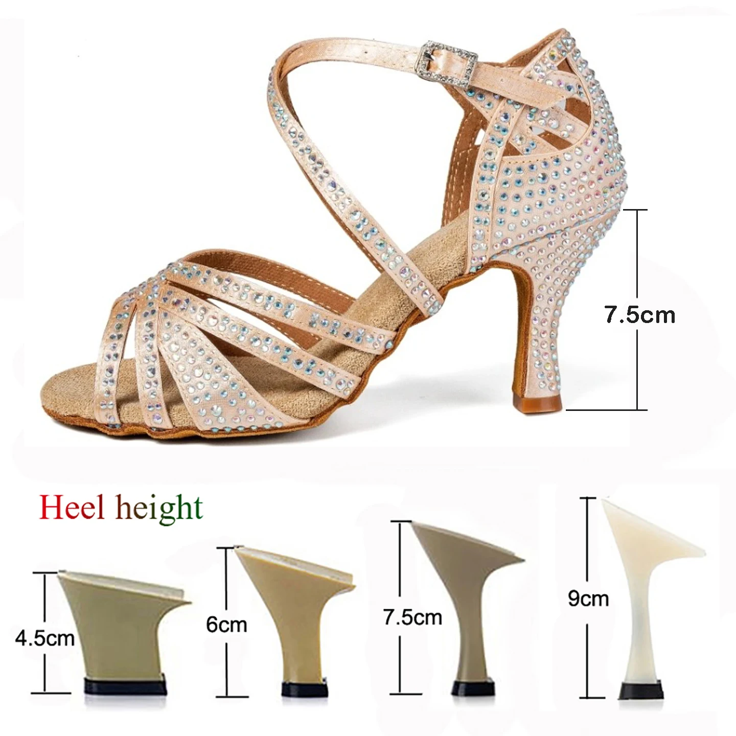 Women's Latin Dance Shoes, Skin-toned Rhinestone High Heels, Salsa Tango Ballroom Party Outdoor Dancing Footwear