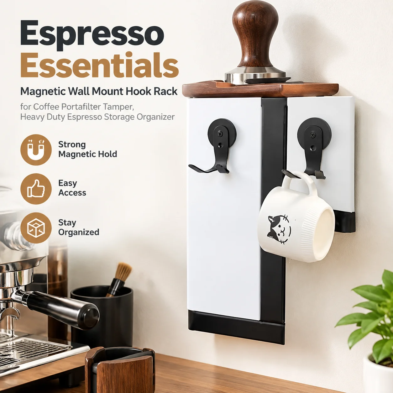 Magnetic Wall Mount Hook Rack for Coffee Portafilter Tamper, Heavy Duty Espresso Storage Organizer