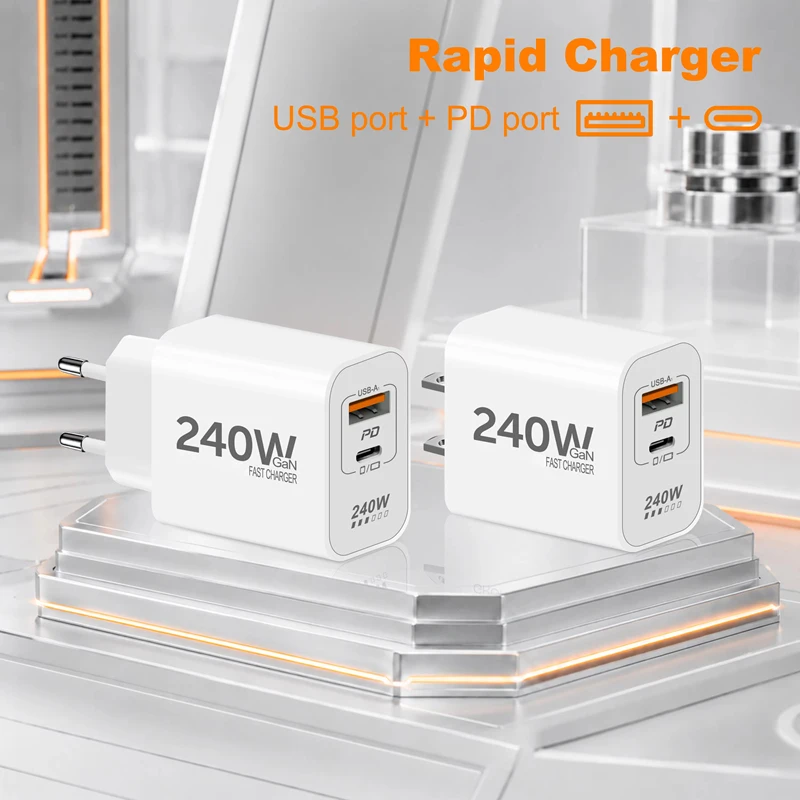 240W GaN Charger 2-Port Fast Charging Phone Charger USB C Power Adapter For iPhone 18 Duo Samsung Xiaomi EU/US Plug Wall Charger