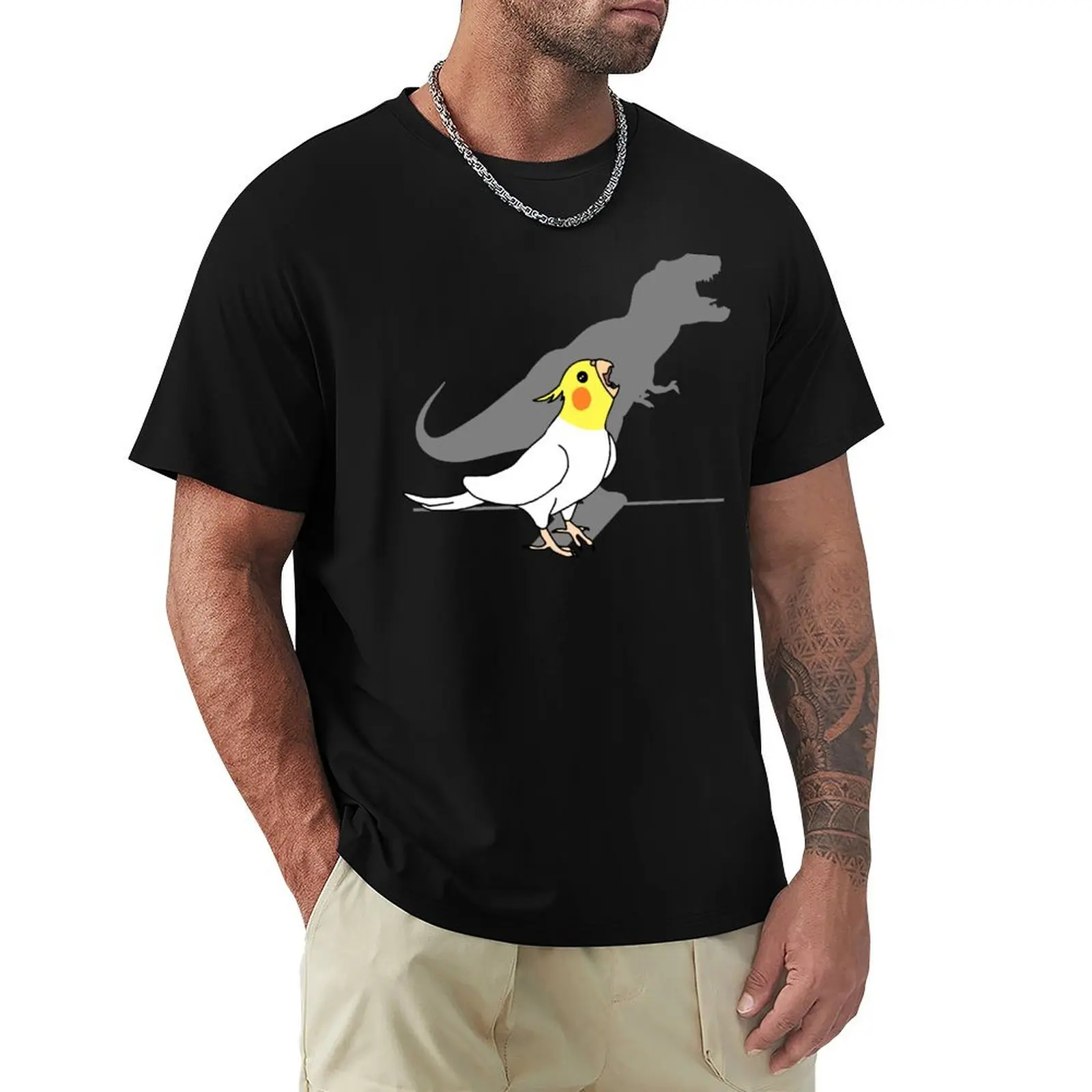 t-rex dinosaur shadow - white yellow cockatiel T-Shirt Urban Style Casual Short Sleeve Top