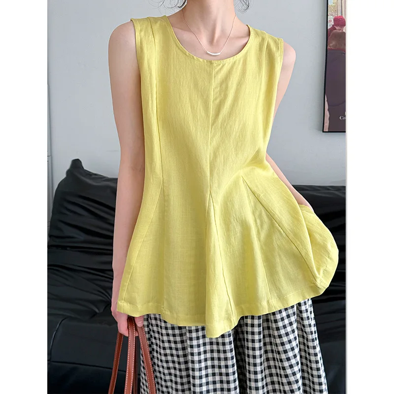 

Linen summer sleeveless women's shirt, Korean fashion versatile shirt for women, pleated sleeveless camisole vest