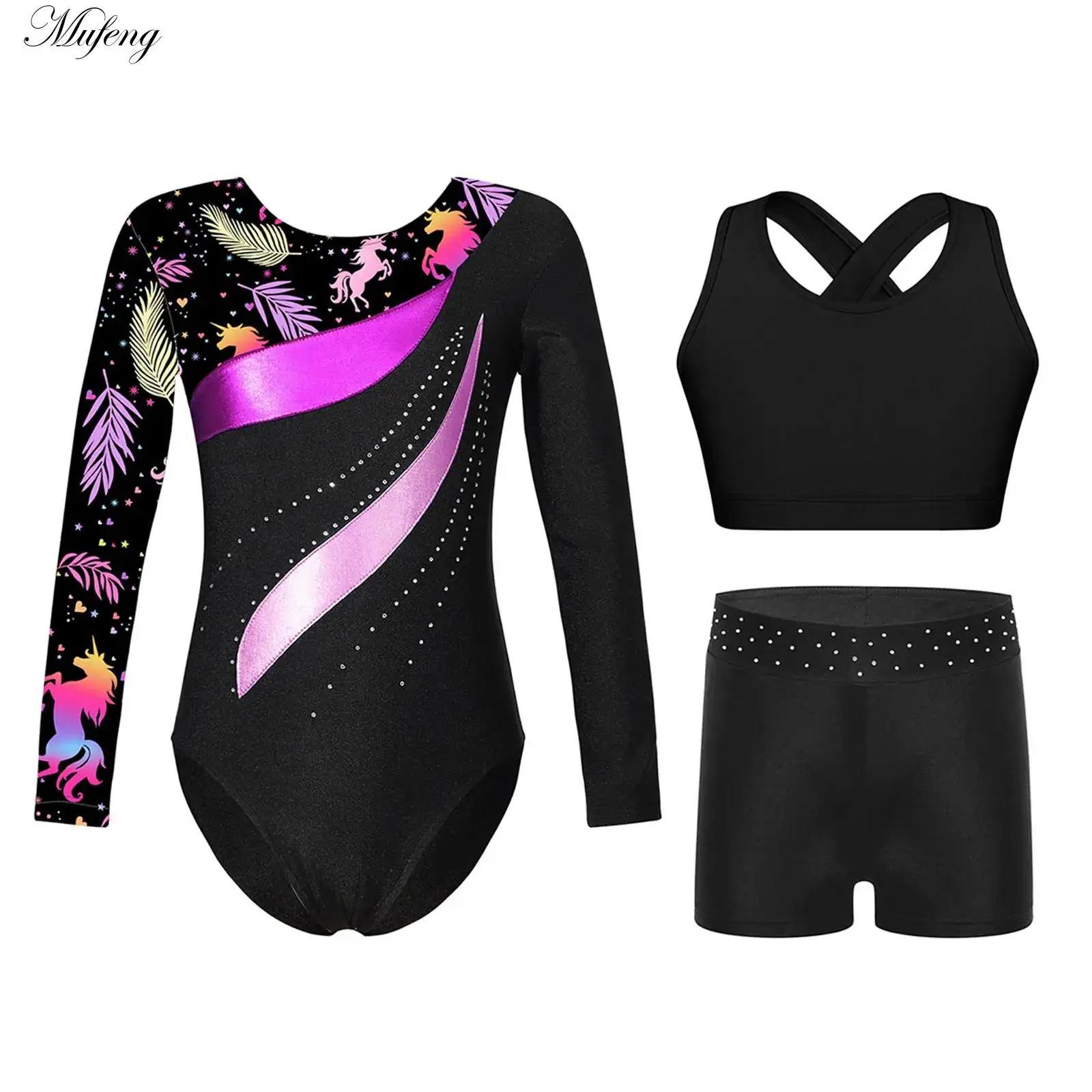 Girls Gymnastics Outfit Long Sleeve Metallic Ballet Leotard with Crop Top Vest Rhinestones Shorts Yoga Unitard Competition Wear