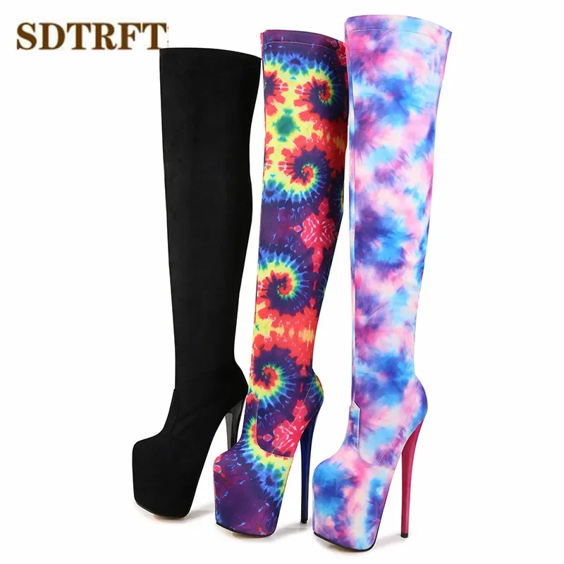 SDTRFT Pole Dancing 20cm Thin Heels Stiletto Over The Knee Long Boots Platform Women Pumps Ladies Elastic Fabric Side Zip Shoes