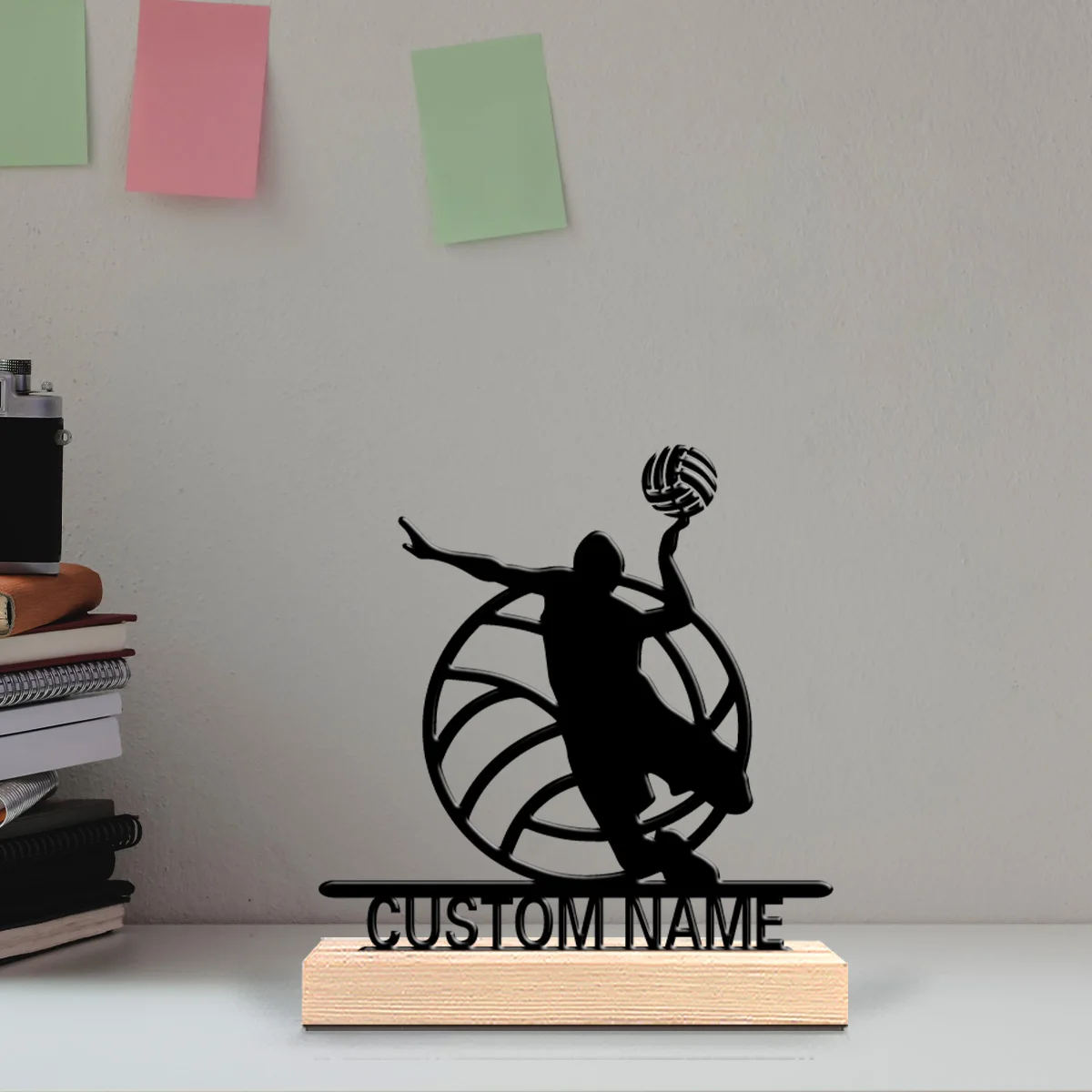 1pc Abstract Volleyball Custom Text Metal Statue Iron Ornament Art Figurine With Wood Base Tin Statue For Bedroom Desk Decor