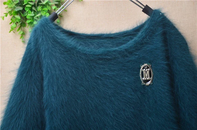 04 Ladies Women Fall Winter Clothing Hairy Mink Cashmere Knitted Short Batwing Sleeves O-Neck Loose Pullover Sweater Jumper Pull