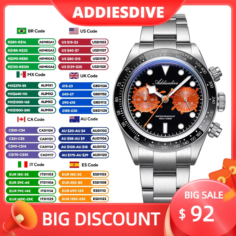 ADDIESDIVE VK64 Multifunctional Chronograph Quartz Watch Bubble Mirror Glass Ceramic Bezel Waterproof Luminous AD2520 Men Watch