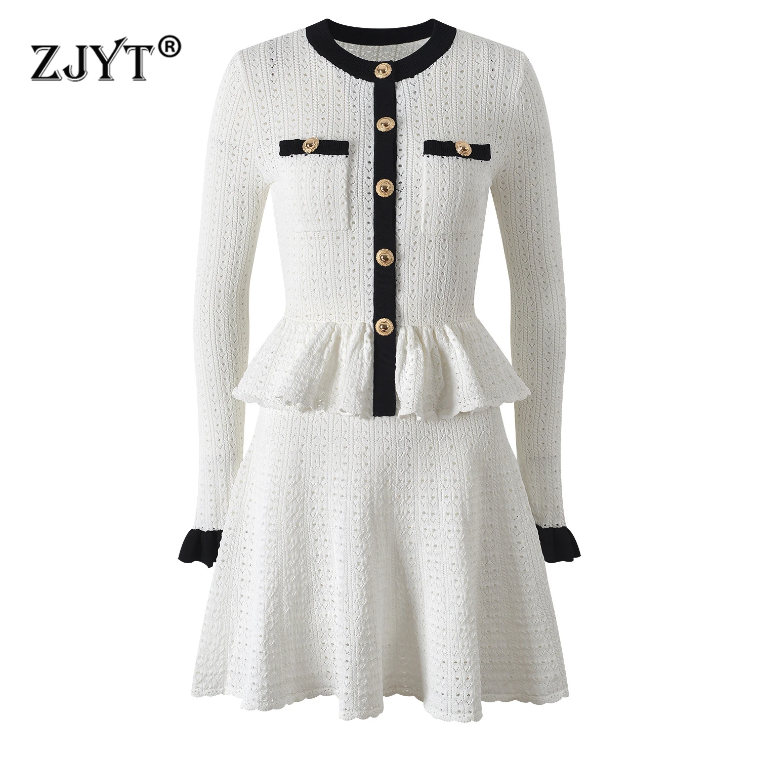 

ZJYT New Autumn Flare Sleeves Knitting Sweater Dresses for Women 2025 Elegant Hit Color Ruffles Patchwork White Party Dress Robe