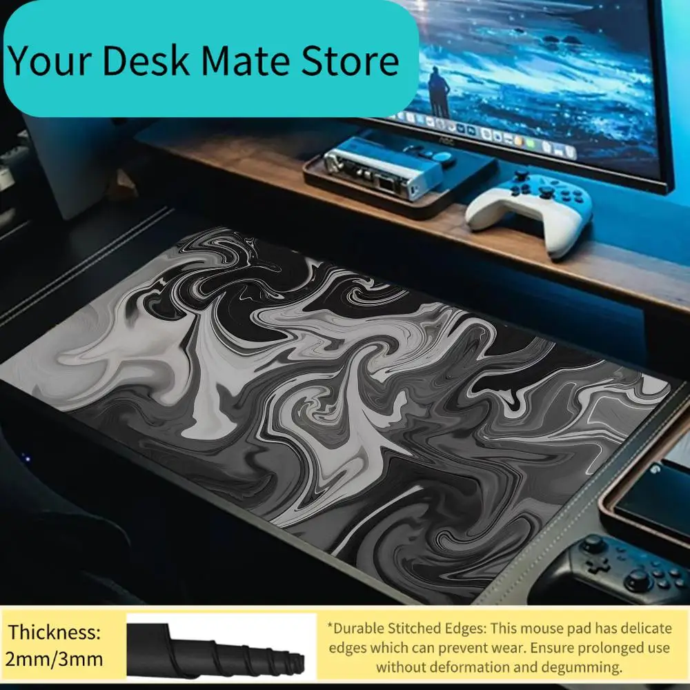 

Black & White Marble Swirl Desk Mat Non-Slip Rubber Base Washable Cloth Surface Large Mouse Pad