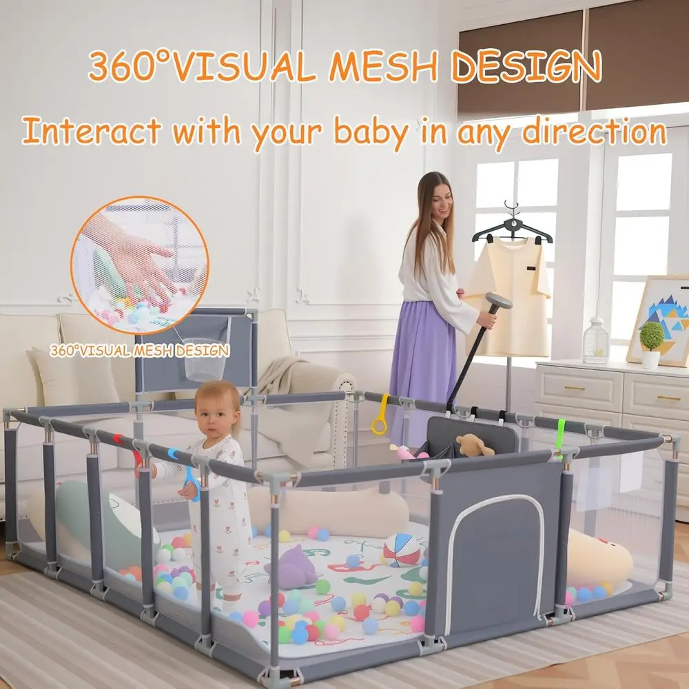 روضة لعب رمادية للأطفال الصغار، 79 × 71 مع حصيرة، كرات المحيط، جيب معلق وطوق كرة السلة - للاستخدام الداخلي/الخارجي #3