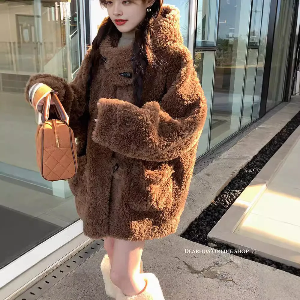 Teddy Bull Horn 24 Autumn/Winter New All Wool Hooded Lambhair Coat Sheep Trimmed Fur One Piece Fur Coat