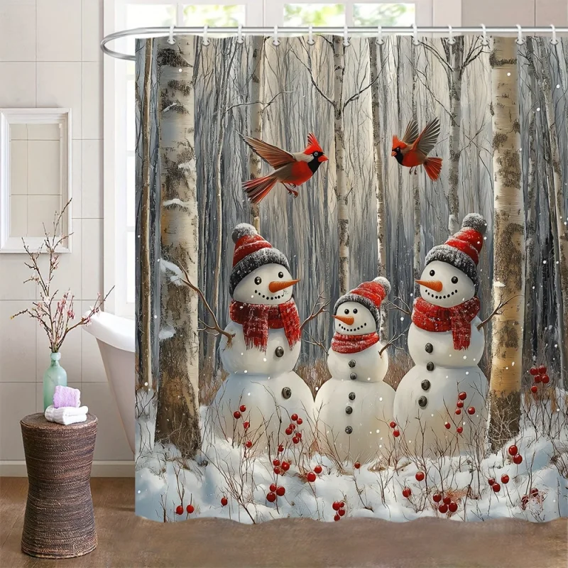 Christmas Snowman & Red Bird Shower Curtain - Winter Forest Scene with Birch Trees, Washable Polyester with Hooks Included