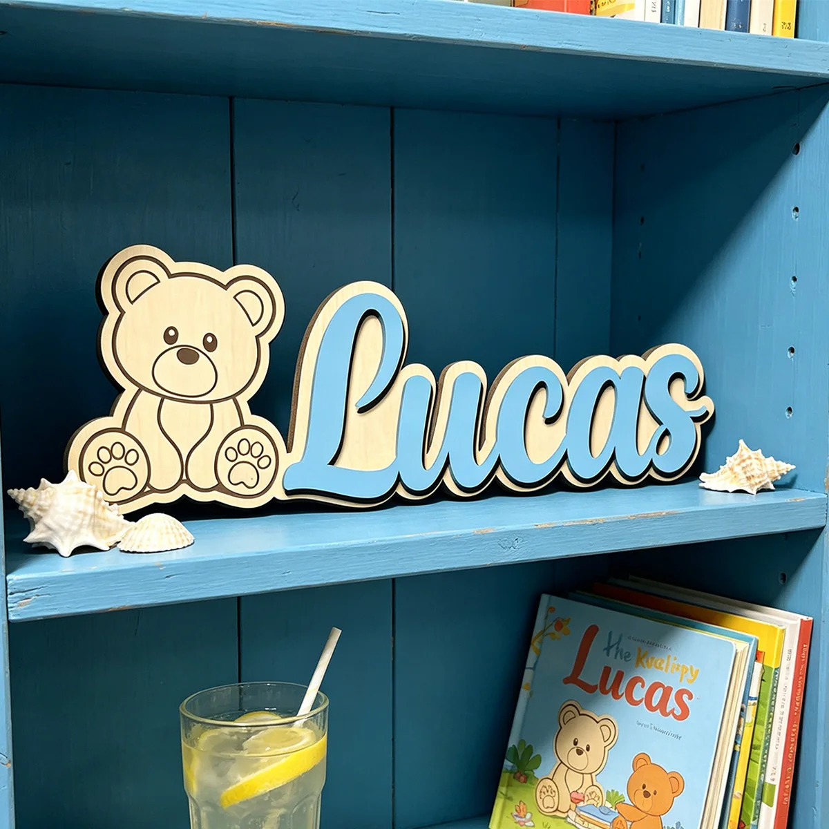 1pc double-layer wooden surname brand, teddy bear pattern, personalized children's room decoration, baby name identification view 3