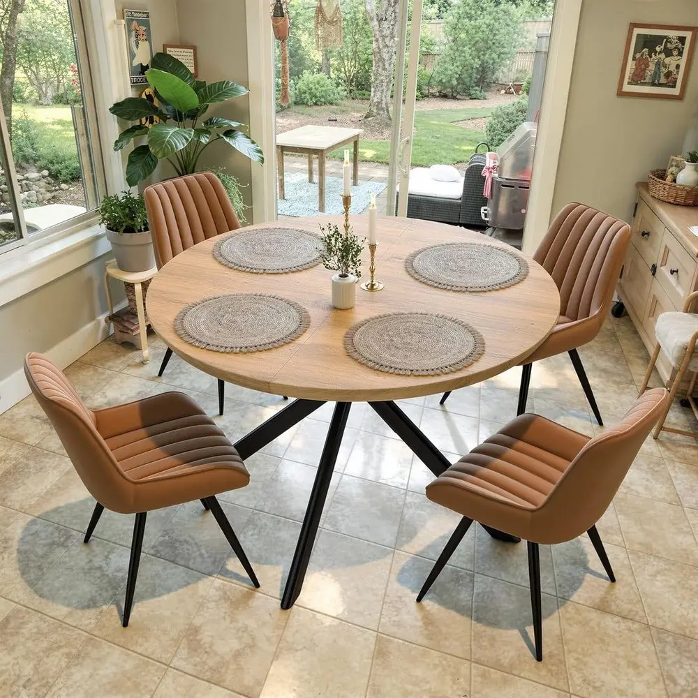 

5-Piece Round Dining Set with Natural Wood Table and 4 Upholstered Chairs for Small Spaces