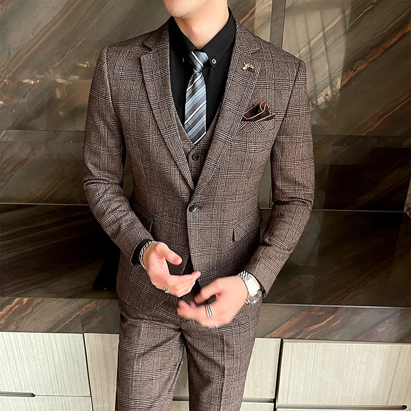

Man Three-piece Sets Turn Down Collar Blazer Men Single-breasted Vest Straight-leg Pant Male Plaid Slim Wedding Suit Outfit